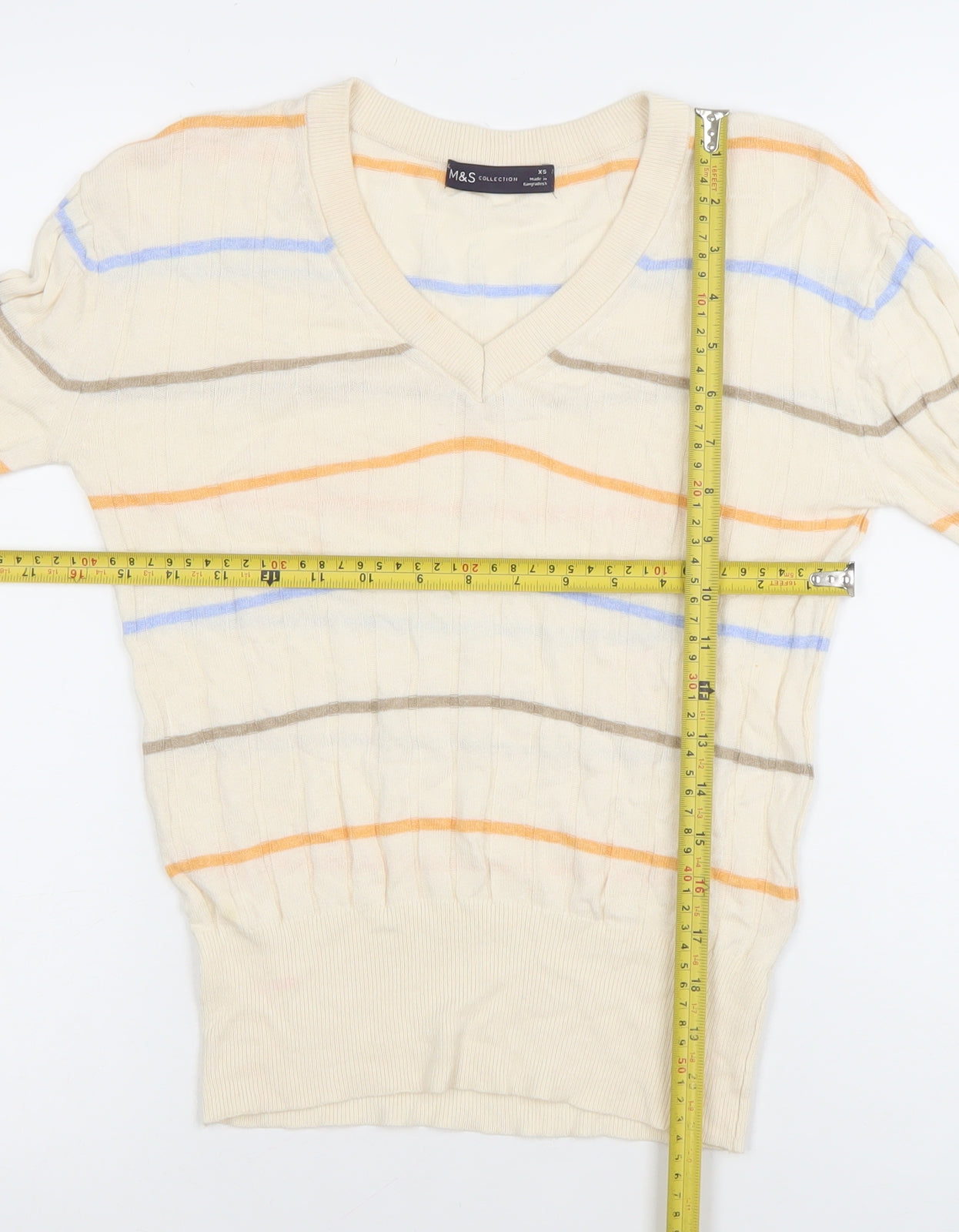 Marks and Spencer Womens Beige Striped V-Neck Cotton Jumper XS