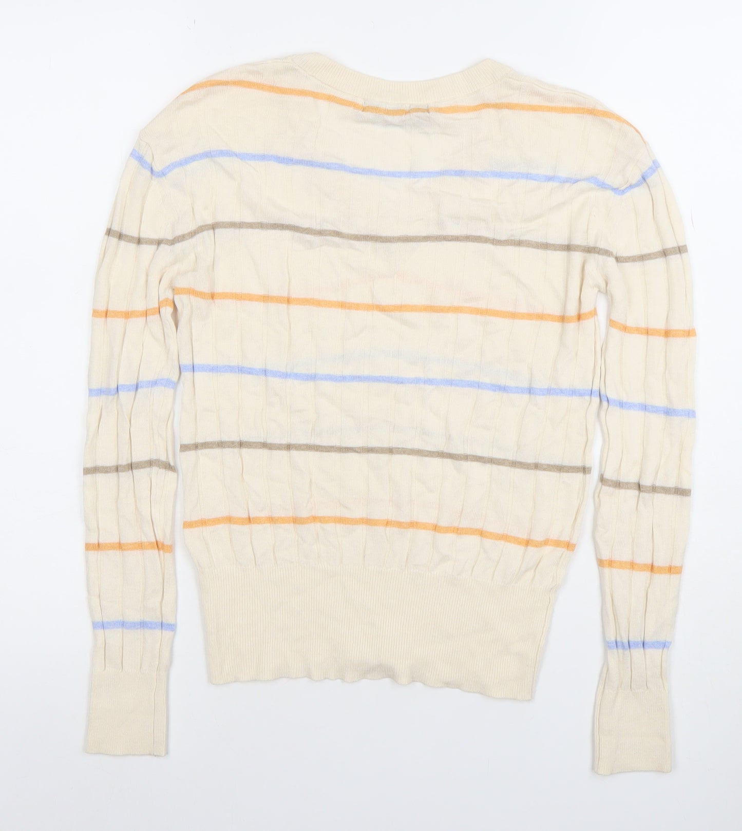 Marks and Spencer Womens Beige Striped V-Neck Cotton Jumper XS