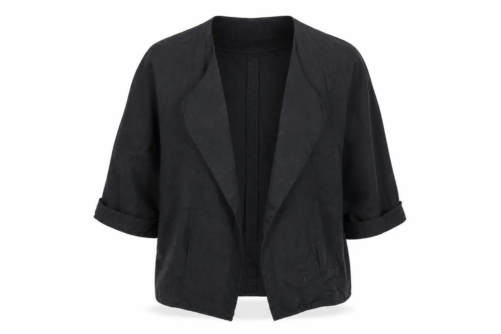 Front view of Hache women’s black linen cotton blazer, size UK 14, relaxed fit