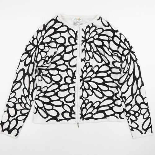 Lilli Ann Knits Women’s White Floral Cotton Full Zip Cardigan M