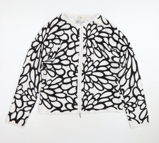 Lilli Ann Knits Women’s White Floral Cotton Full Zip Cardigan M