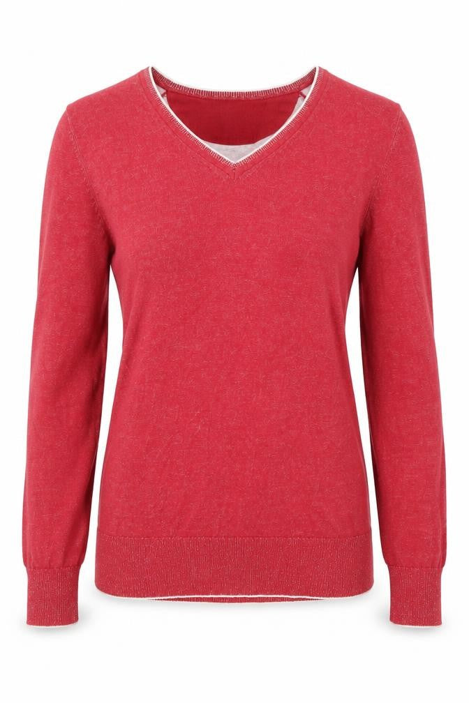 Front view of Ashworth women’s red v-neck cotton knit jumper, size S