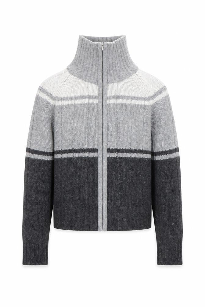 Front view of Chevignon boys’ grey wool full zip roll neck jumper, size 6