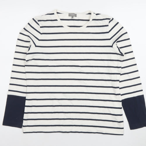 Jaeger Women's White Navy Striped Long Sleeve Cotton Blend Top M