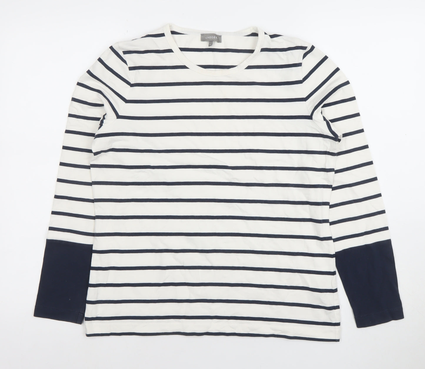 Jaeger Women's White Navy Striped Long Sleeve Cotton Blend Top M