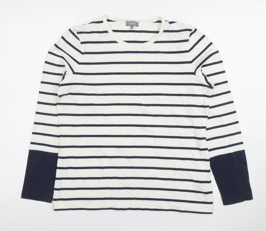 Jaeger Women's White Navy Striped Long Sleeve Cotton Blend Top M