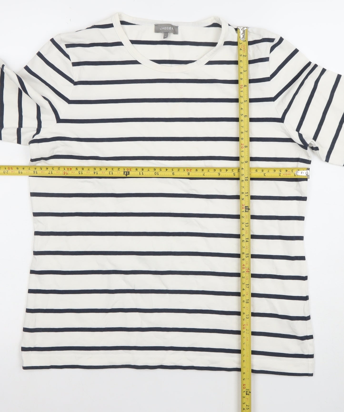 Jaeger Women's White Navy Striped Long Sleeve Cotton Blend Top M