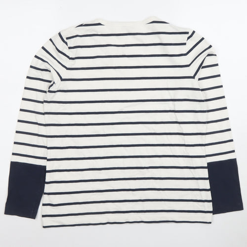 Jaeger Women's White Navy Striped Long Sleeve Cotton Blend Top M
