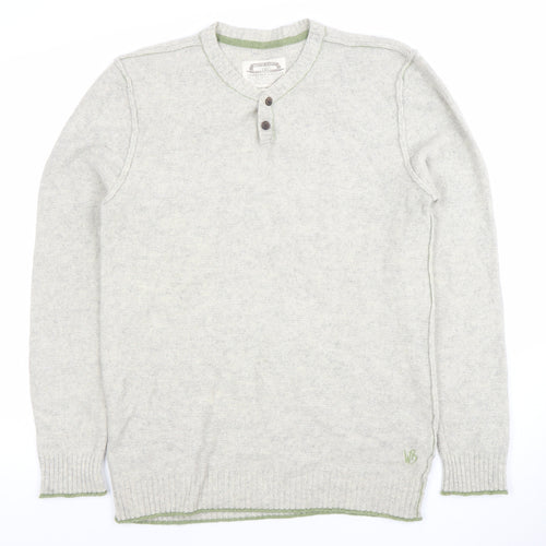 White Stuff Men's Grey Henley Jumper Medium Cotton Cashmere Knit