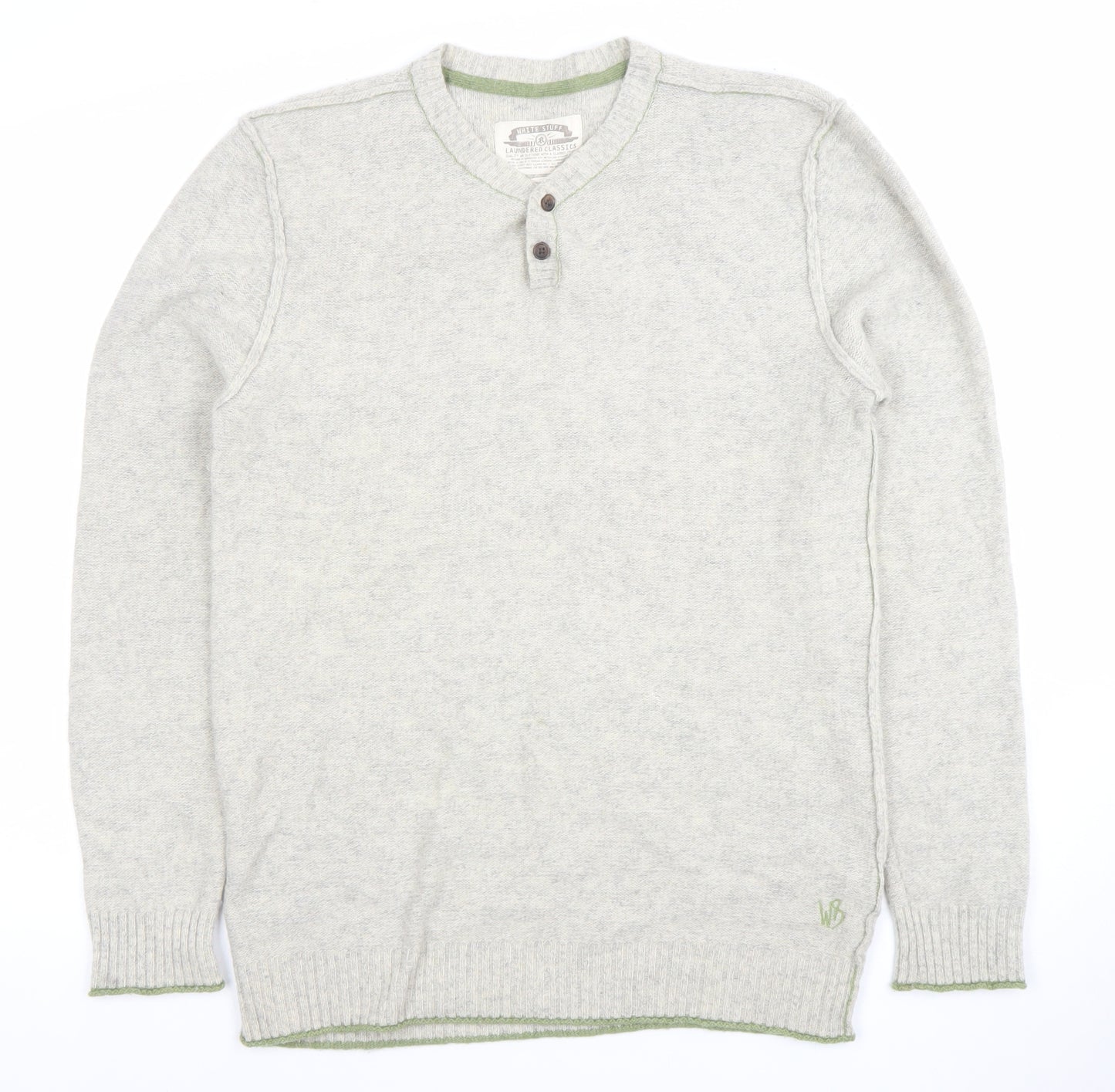 White Stuff Men's Grey Henley Jumper Medium Cotton Cashmere Knit