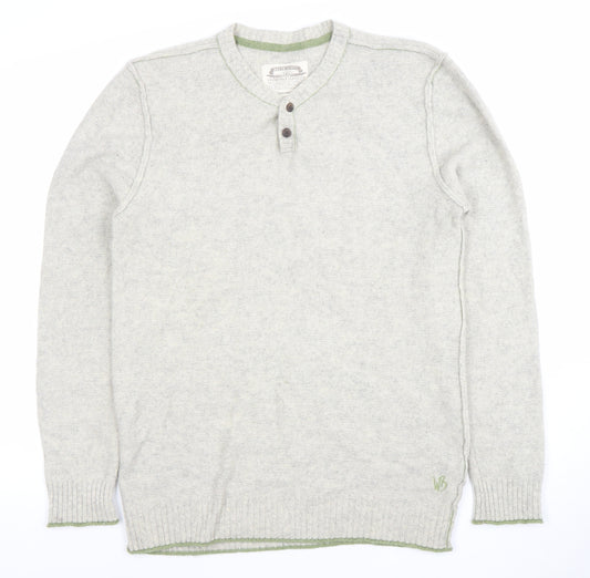 White Stuff Men's Grey Henley Jumper Medium Cotton Cashmere Knit