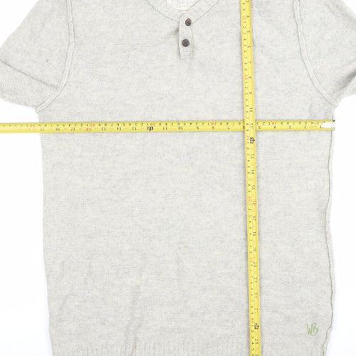 White Stuff Men's Grey Henley Jumper Medium Cotton Cashmere Knit