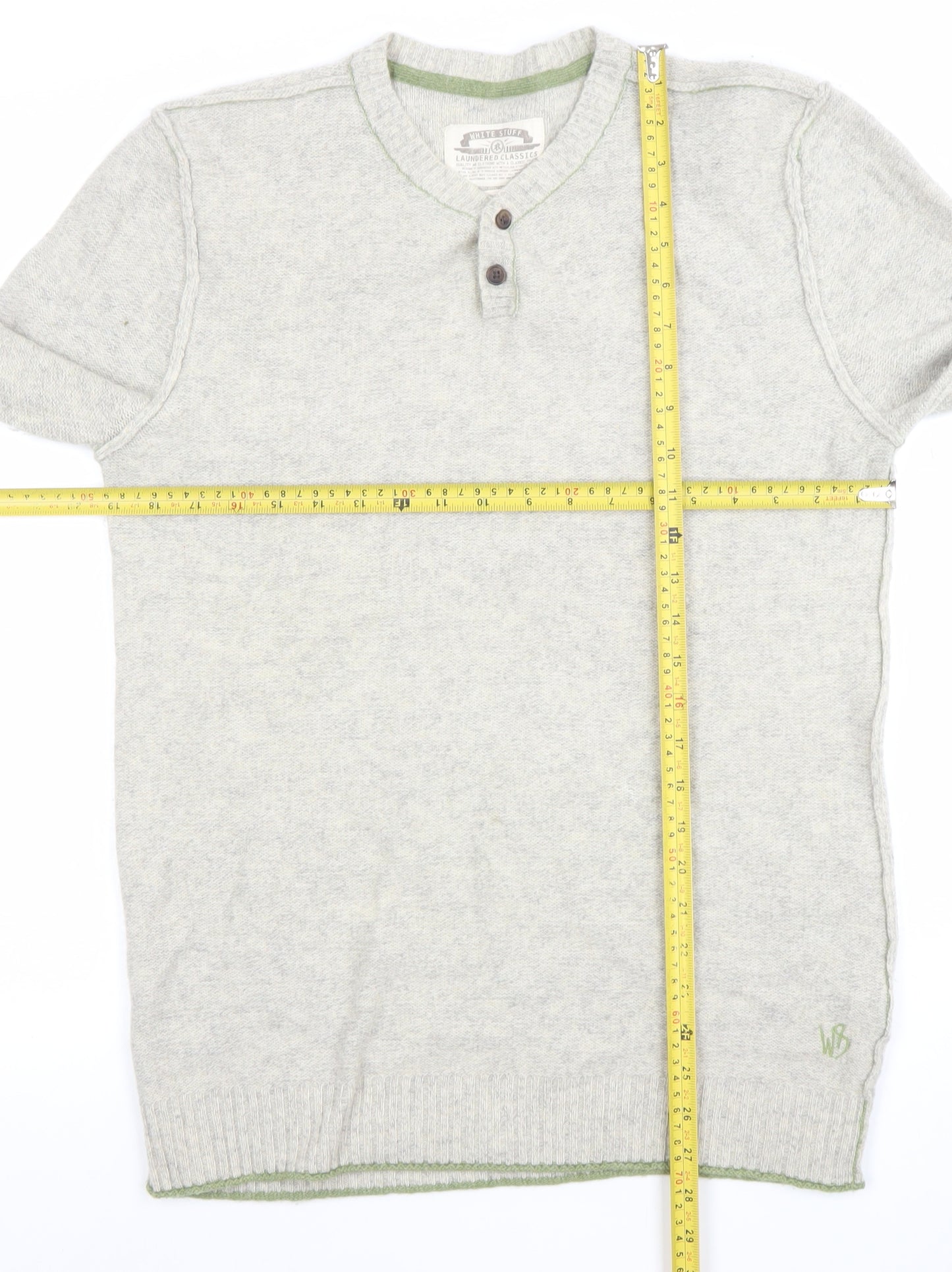 White Stuff Men's Grey Henley Jumper Medium Cotton Cashmere Knit