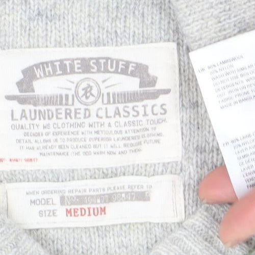 White Stuff Men's Grey Henley Jumper Medium Cotton Cashmere Knit