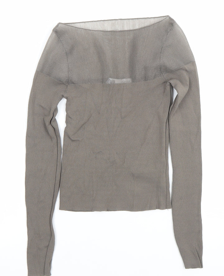 ZARA Women’s Grey Knit Slim Fit Boat Neck Long Sleeve Blouse Size S