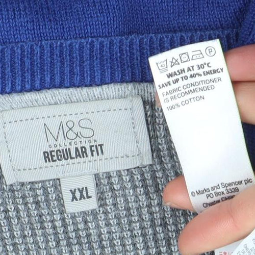 Marks and Spencer Men's Blue 2XL V-Neck Cotton Jumper