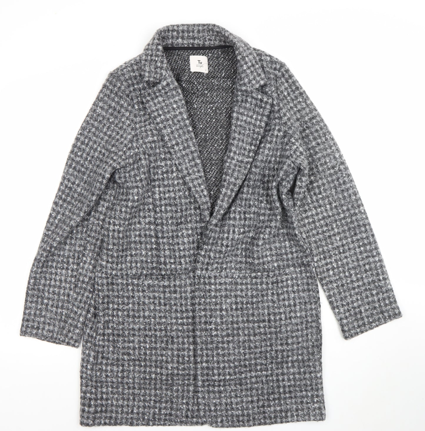 Tu Women’s Grey Checked Mid-Length Polyester Overcoat Size 12