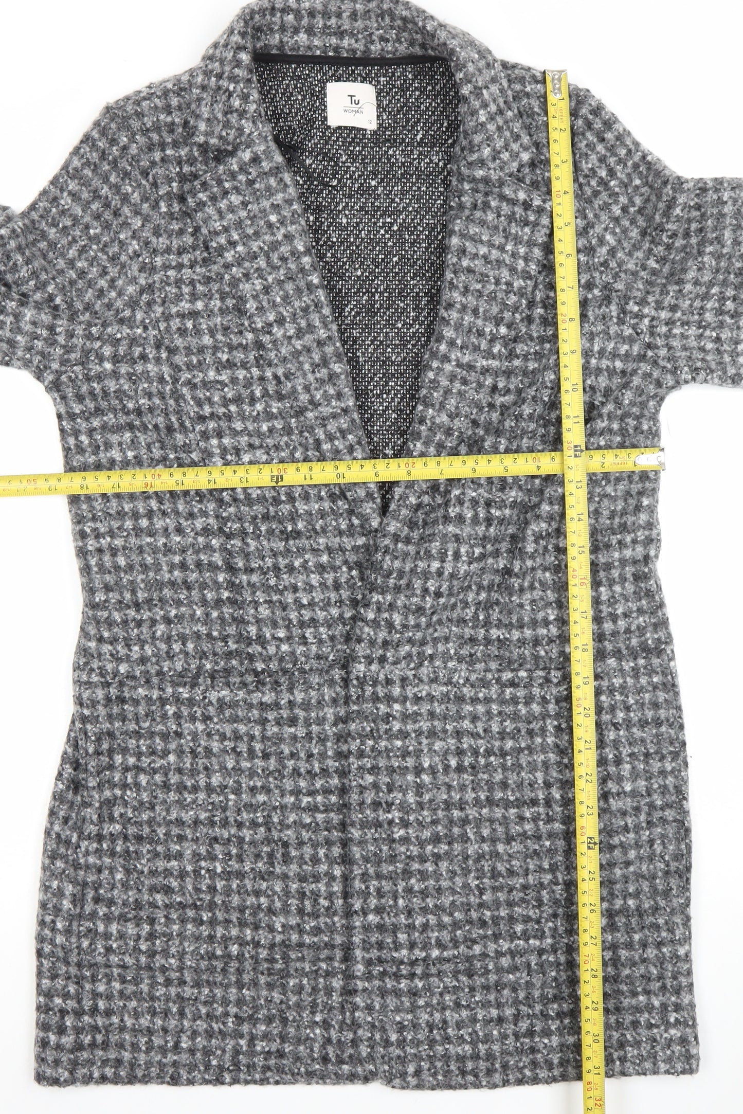 Tu Women’s Grey Checked Mid-Length Polyester Overcoat Size 12