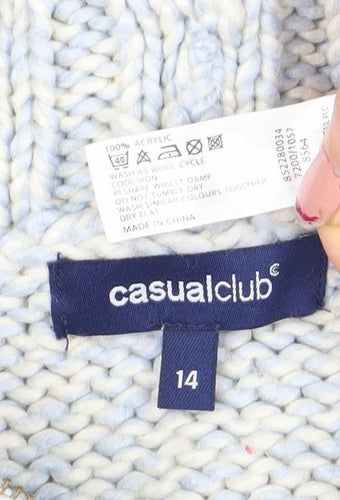Casual Club Women's Blue Size 14 Chunky-Knit Full Zip Roll Neck Jumper