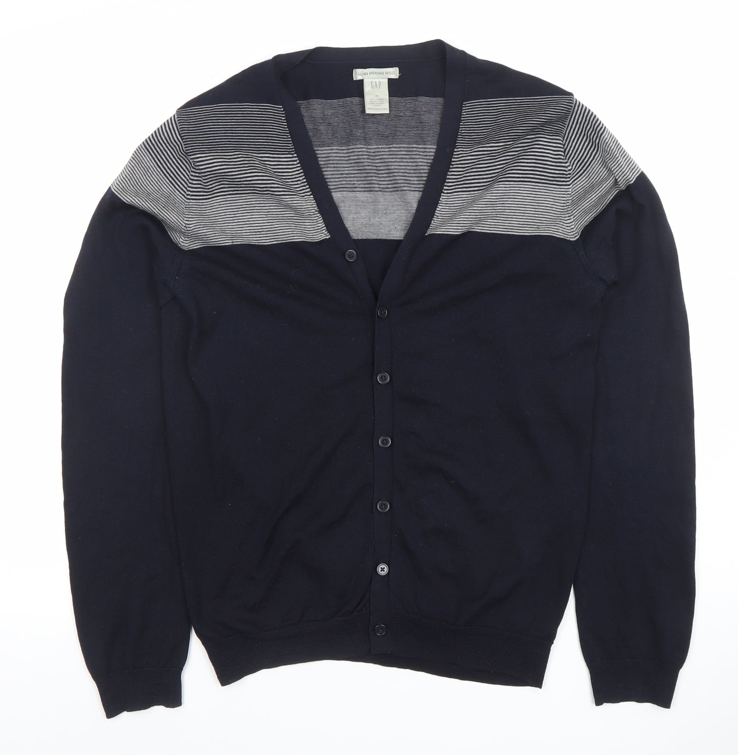 GAP Men’s Blue Striped Merino Wool Cardigan M V-Neck Knit