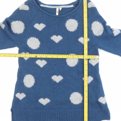White Stuff Womens Blue Heart Wool Blend Pullover Jumper Size 8