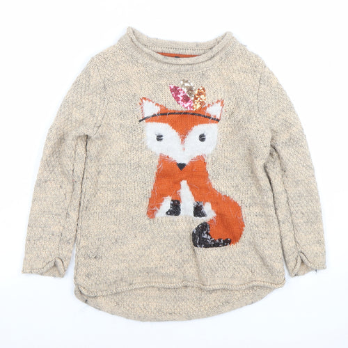 Marks & Spencer Girls Beige Fox Sequin Jumper 5-6 Years Wool Blend Knit