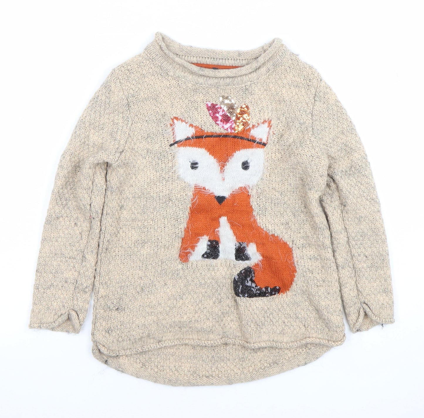 Marks & Spencer Girls Beige Fox Sequin Jumper 5-6 Years Wool Blend Knit