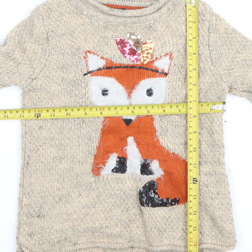 Marks & Spencer Girls Beige Fox Sequin Jumper 5-6 Years Wool Blend Knit