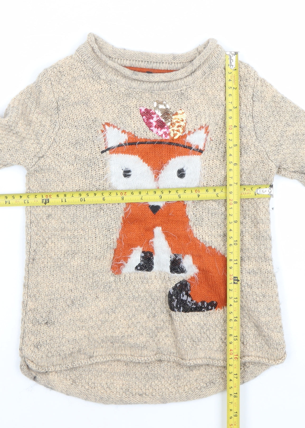 Marks & Spencer Girls Beige Fox Sequin Jumper 5-6 Years Wool Blend Knit
