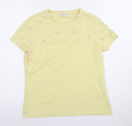 Savida Women Yellow Beaded Cotton Jersey T-Shirt Size S