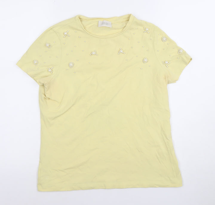 Savida Women Yellow Beaded Cotton Jersey T-Shirt Size S