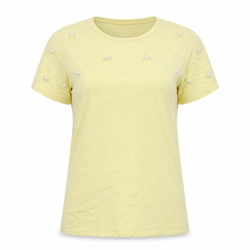 Savida Women Yellow Beaded Cotton Jersey T-Shirt Size S
