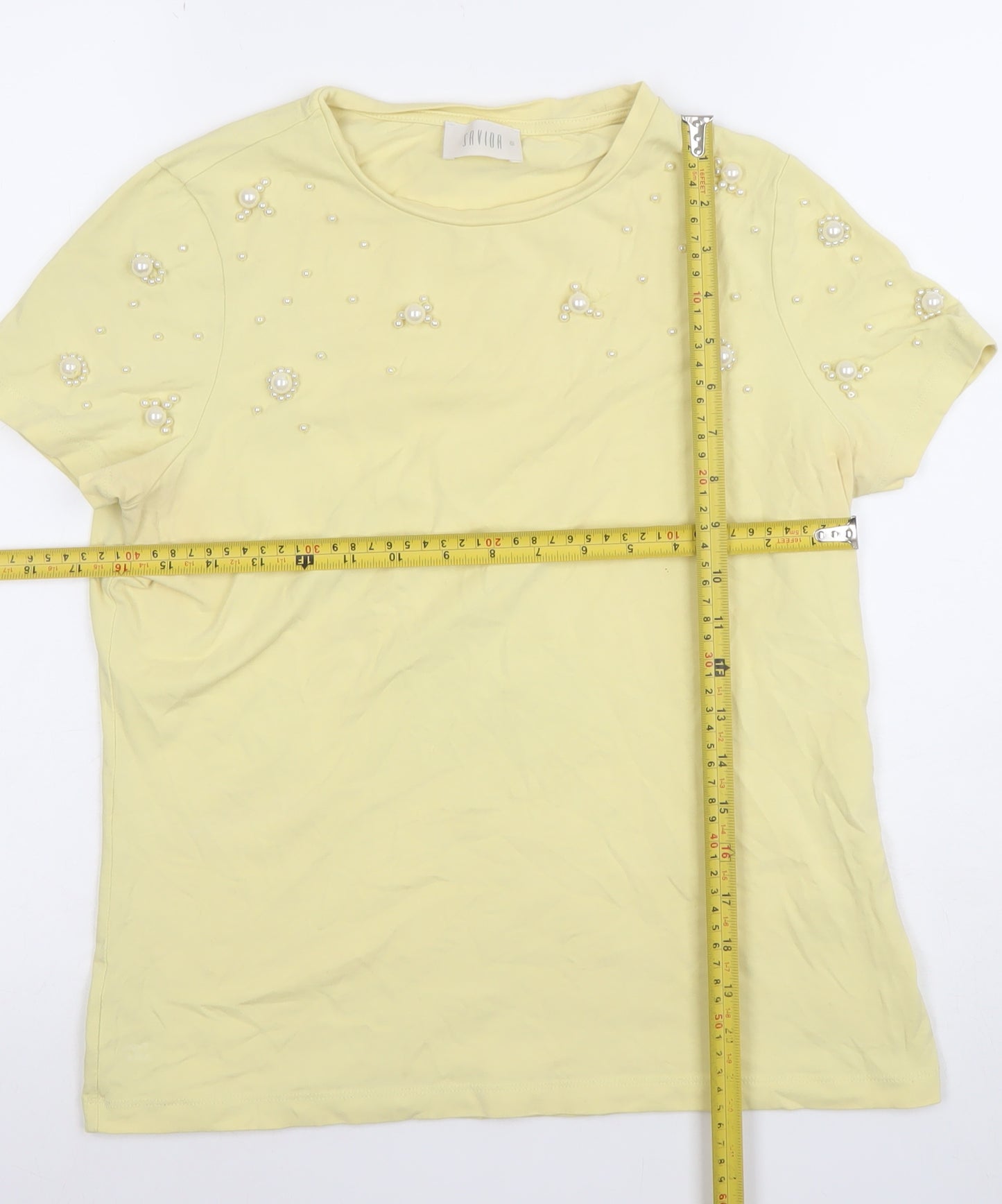 Savida Women Yellow Beaded Cotton Jersey T-Shirt Size S