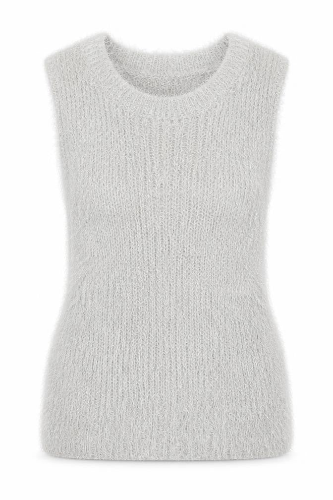 Front view of River Island women’s grey fluffy knit sleeveless vest, size UK 12