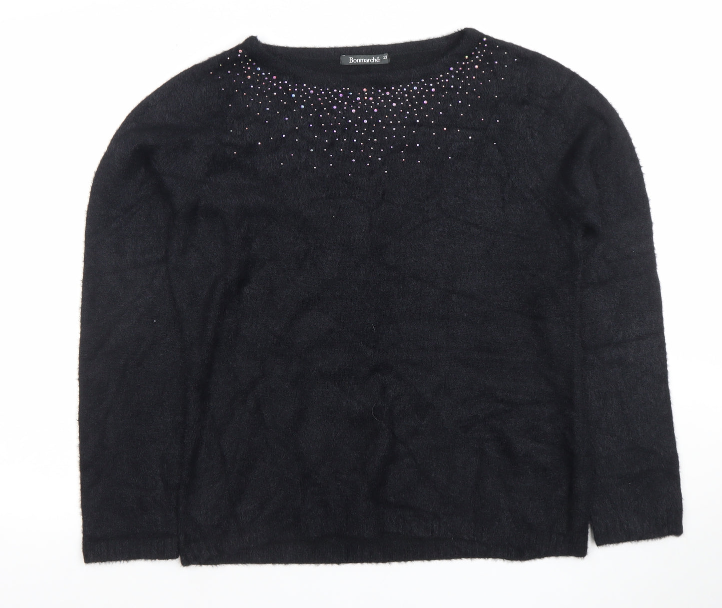 Bonmarché Women's Black Rhinestone Crew Neck Long Sleeve Jumper Size 12