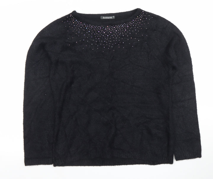 Bonmarché Women's Black Rhinestone Crew Neck Long Sleeve Jumper Size 12