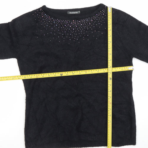 Bonmarché Women's Black Rhinestone Crew Neck Long Sleeve Jumper Size 12