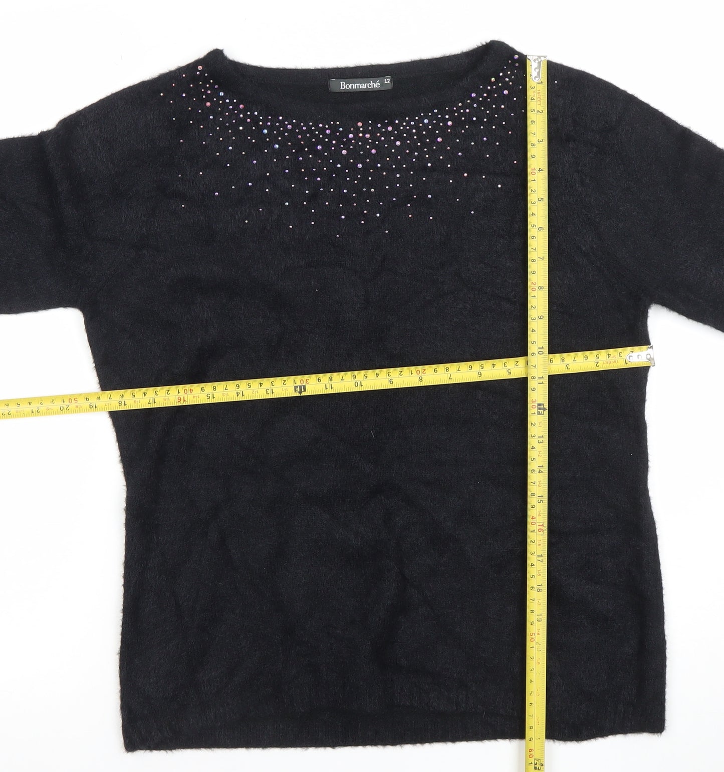 Bonmarché Women's Black Rhinestone Crew Neck Long Sleeve Jumper Size 12