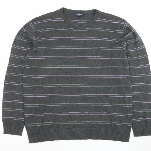 Marks and Spencer Blue Harbour Men's Grey Striped Cotton Crew Neck Jumper L