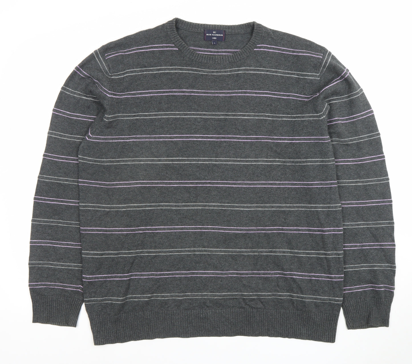 Marks and Spencer Blue Harbour Men's Grey Striped Cotton Crew Neck Jumper L
