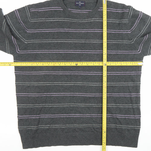 Marks and Spencer Blue Harbour Men's Grey Striped Cotton Crew Neck Jumper L
