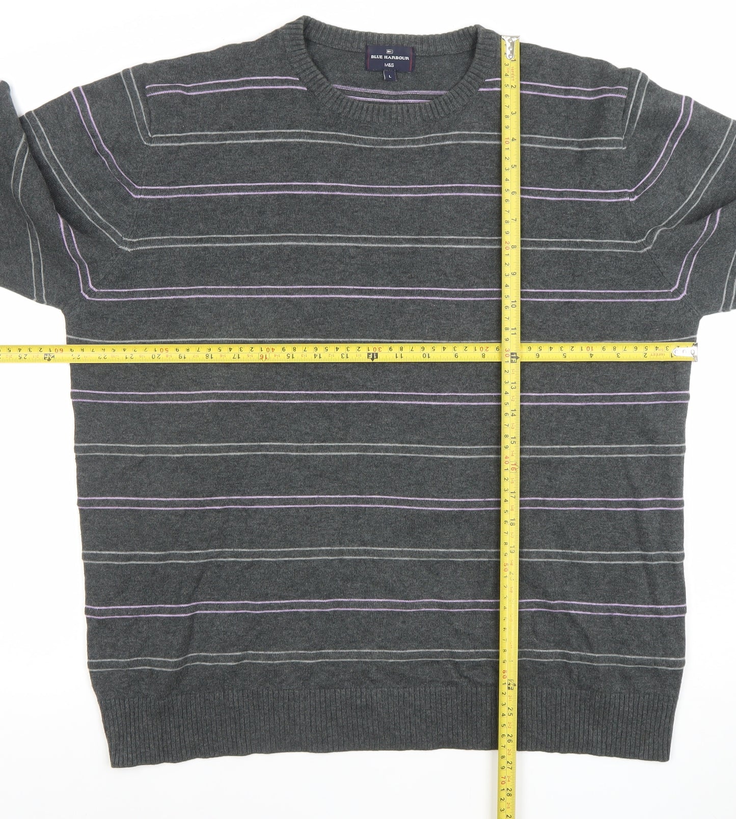 Marks and Spencer Blue Harbour Men's Grey Striped Cotton Crew Neck Jumper L