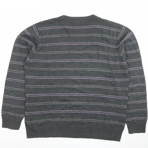 Marks and Spencer Blue Harbour Men's Grey Striped Cotton Crew Neck Jumper L