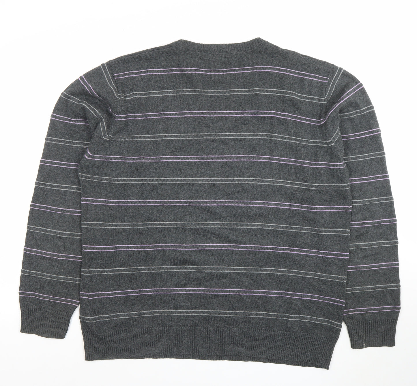 Marks and Spencer Blue Harbour Men's Grey Striped Cotton Crew Neck Jumper L