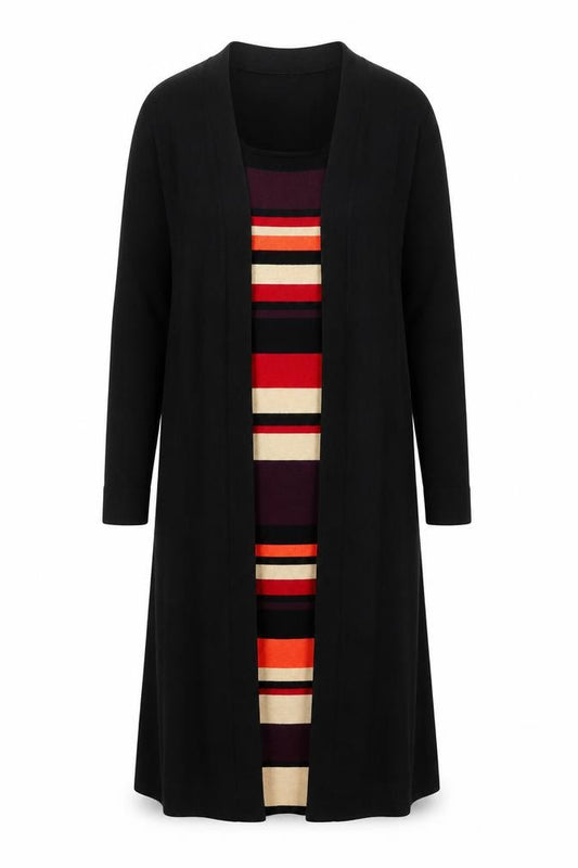 Front view of Pomodoro Women’s Black Striped Knit Jumper Dress, size UK 14