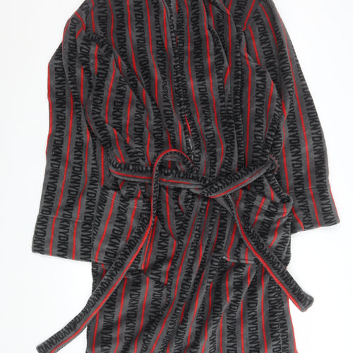 DKNY Men's Grey Black Red Fleece Robe L Belted Lightweight Striped