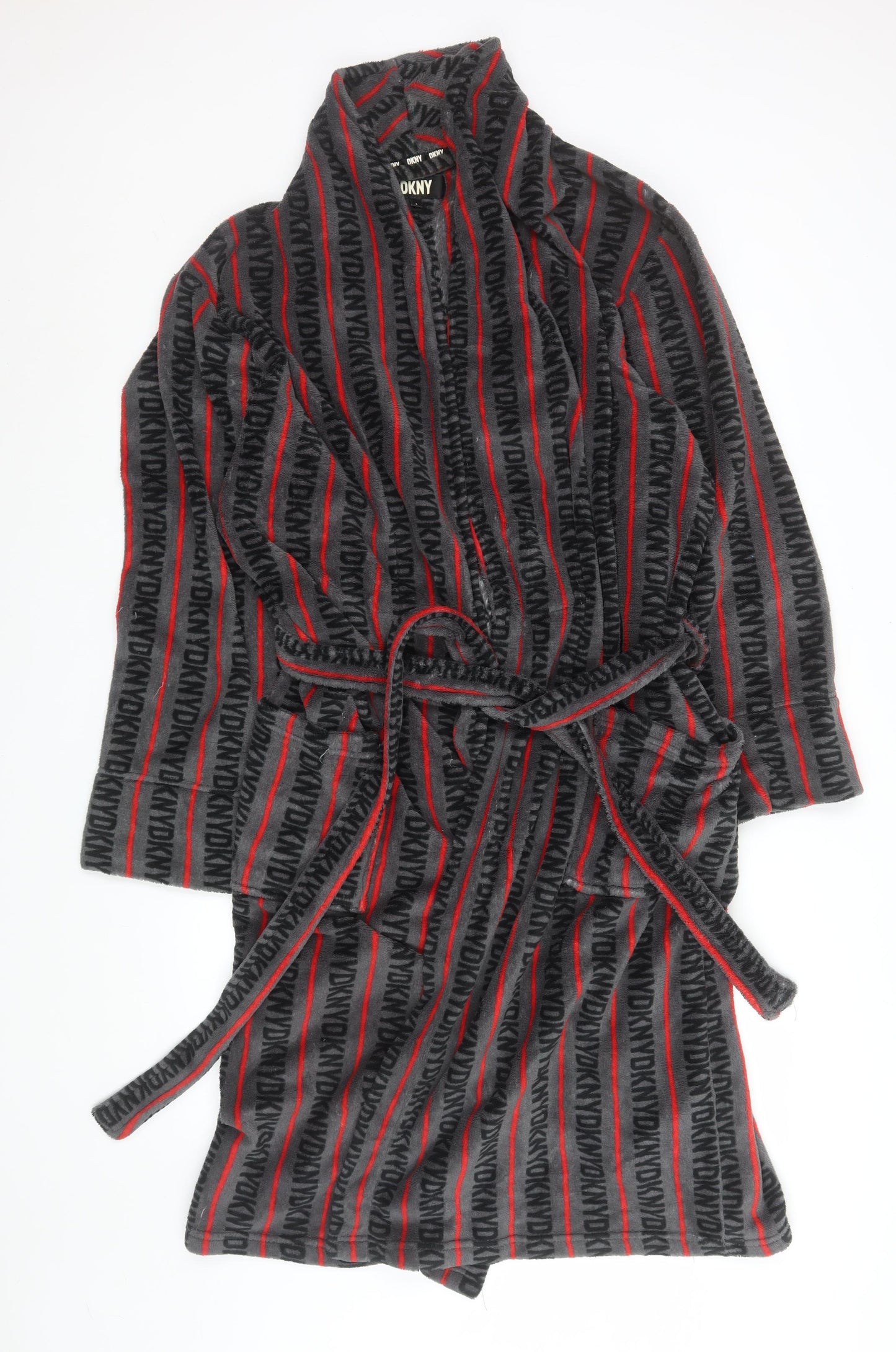 DKNY Men's Grey Black Red Fleece Robe L Belted Lightweight Striped