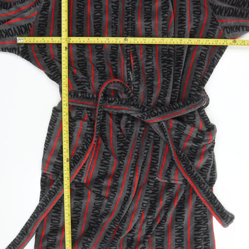DKNY Men's Grey Black Red Fleece Robe L Belted Lightweight Striped