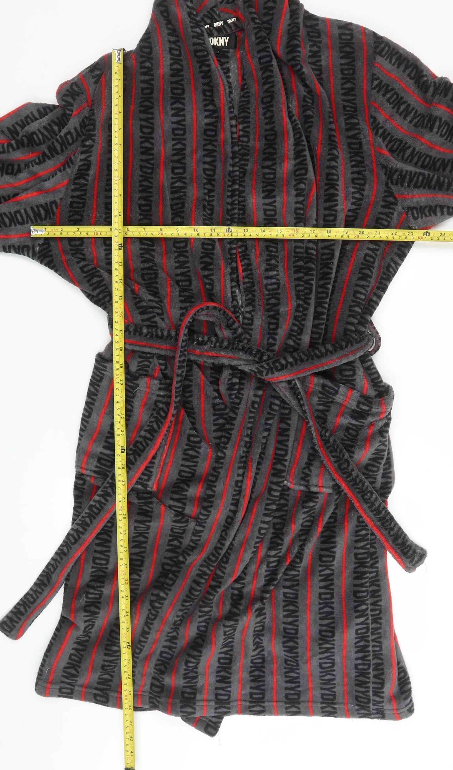 DKNY Men's Grey Black Red Fleece Robe L Belted Lightweight Striped