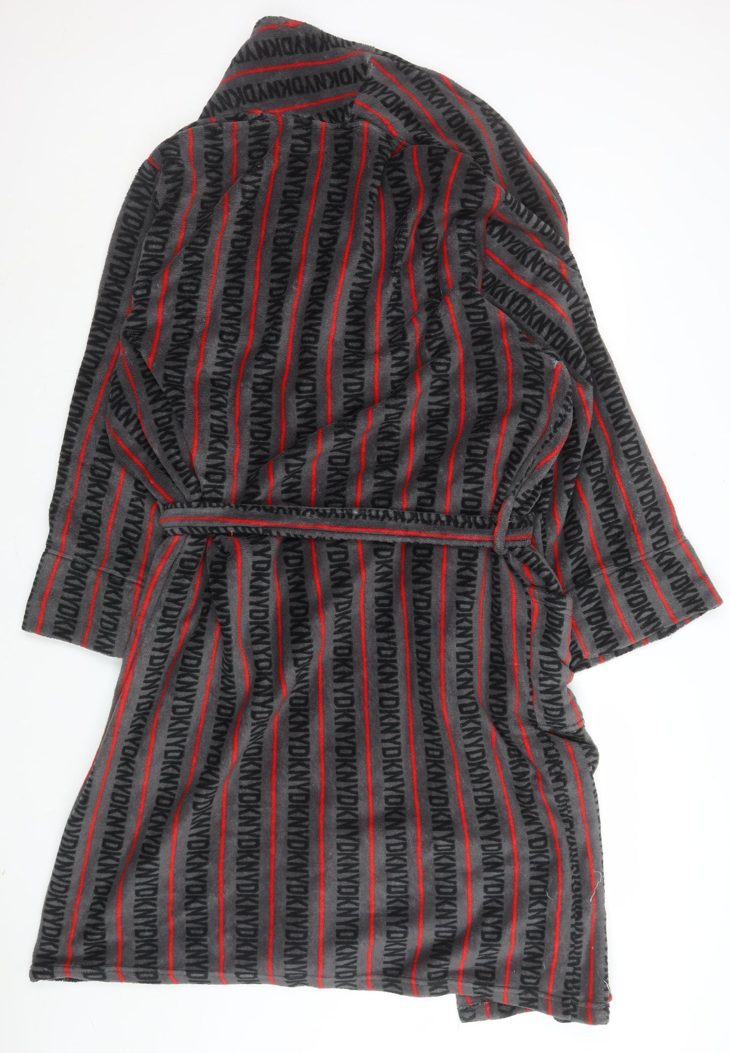 DKNY Men's Grey Black Red Fleece Robe L Belted Lightweight Striped
